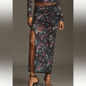 By Anthropologie Sheer Ruched Side-Slit Maxi Skirt Floral Black & Pink Print-XS